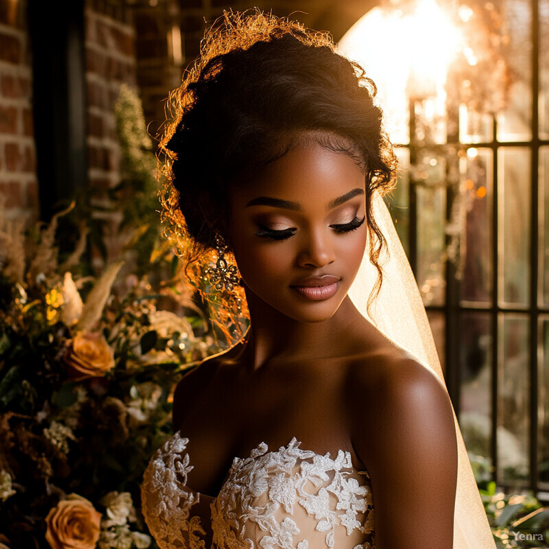 A stunning bride with intricate details on her dress and hair, exuding elegance and poise.