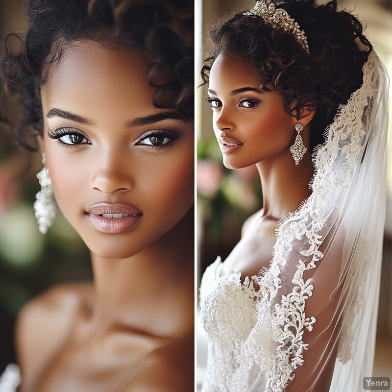 A woman in a wedding dress and veil poses elegantly, exuding romance and sophistication.