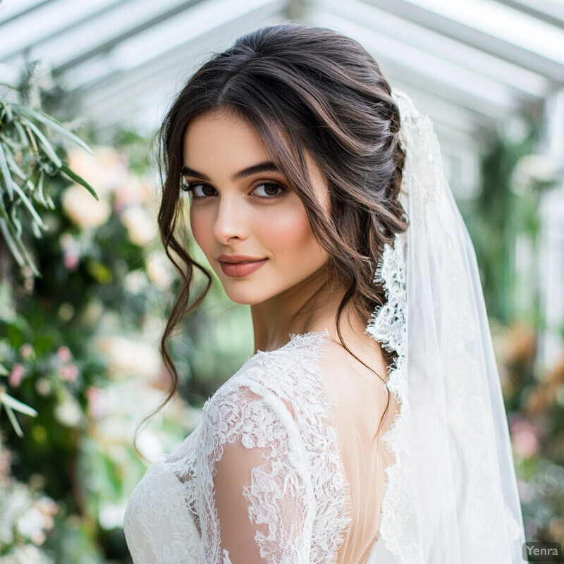 A woman in a white lace wedding dress and veil stands in front of a white wall with greenery.