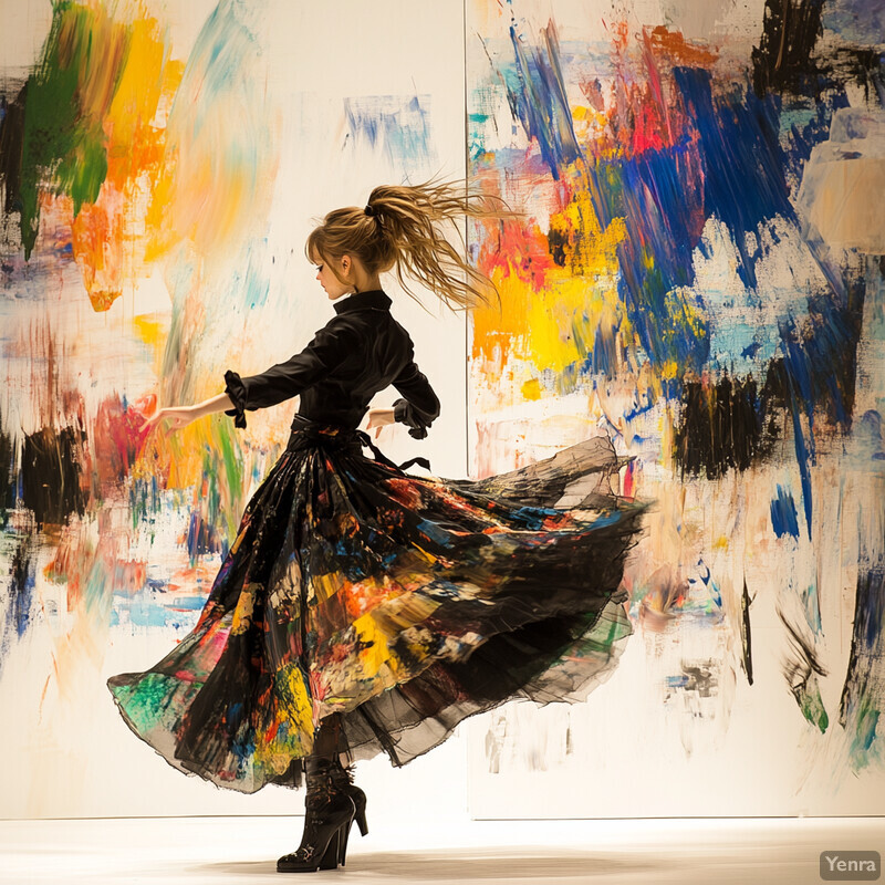 A woman in motion, dressed in a paint-splattered black dress, twirling against an abstract painting backdrop