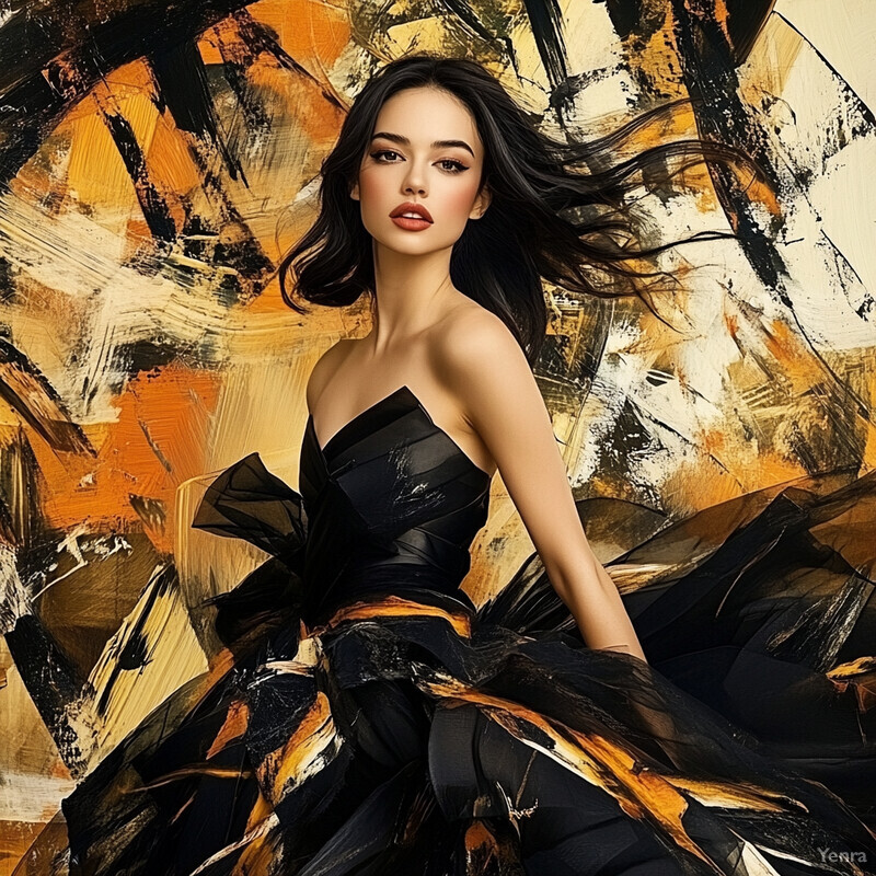 A woman in motion, wearing a strapless black and gold dress against a predominantly yellow background with darker brush strokes.