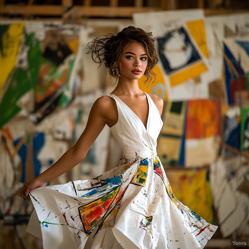 A woman in a white dress with paint splatters stands in front of an abstract art piece.