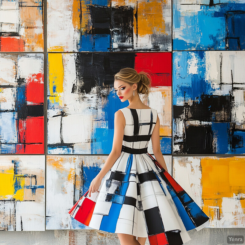 A woman poses confidently in front of an abstract artwork