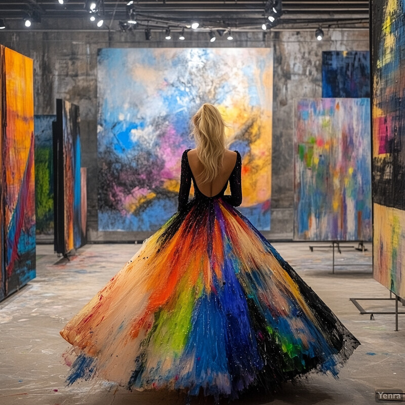 A woman stands in an art gallery, surrounded by paintings, wearing a colorful dress that complements the artwork.