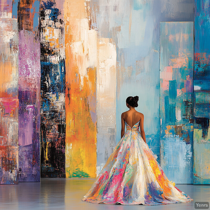 A woman in a colorful ball gown stands in front of an abstract painting.