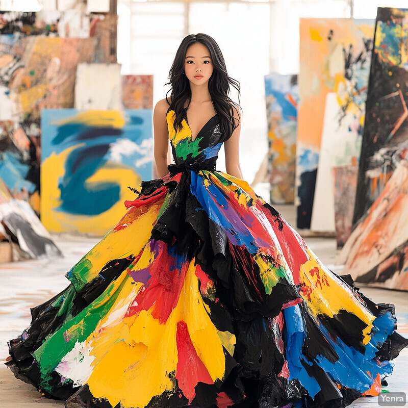 An Asian woman stands in a room filled with paintings, wearing a dress made from paint splatters.