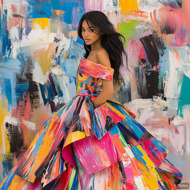 A woman stands in front of an abstract painting, wearing a vibrant dress made from paint swatches.