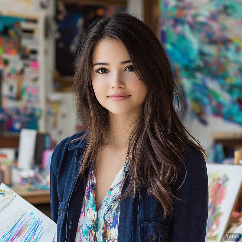 Young woman standing in an art studio holding a canvas