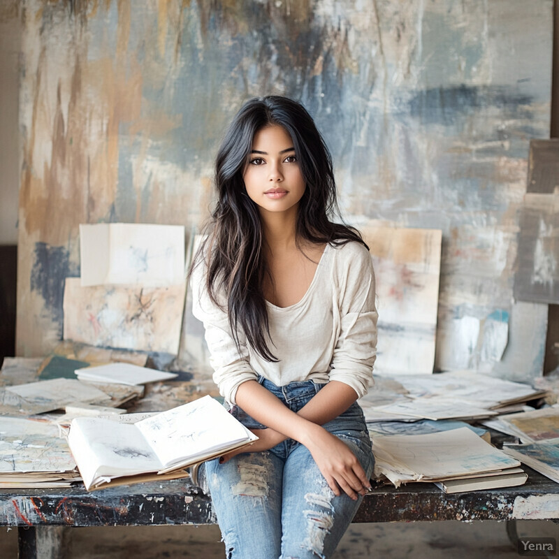 An Asian woman sitting in front of a large painting or canvas, holding a paintbrush and wearing casual attire.