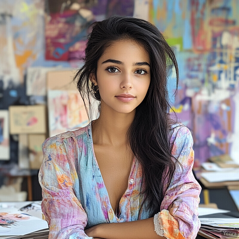 A young woman sits at a table in front of a wall adorned with an assortment of paintings, exuding confidence and poise as she gazes directly into the camera lens.