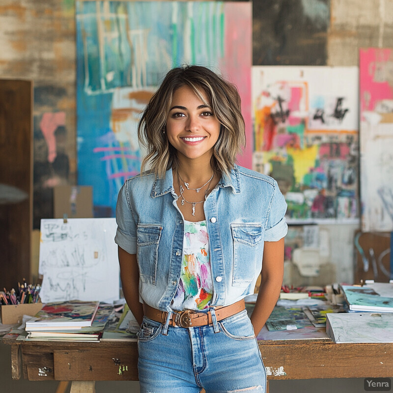 A woman stands in front of an easel or painting station, surrounded by art supplies and partially completed paintings.