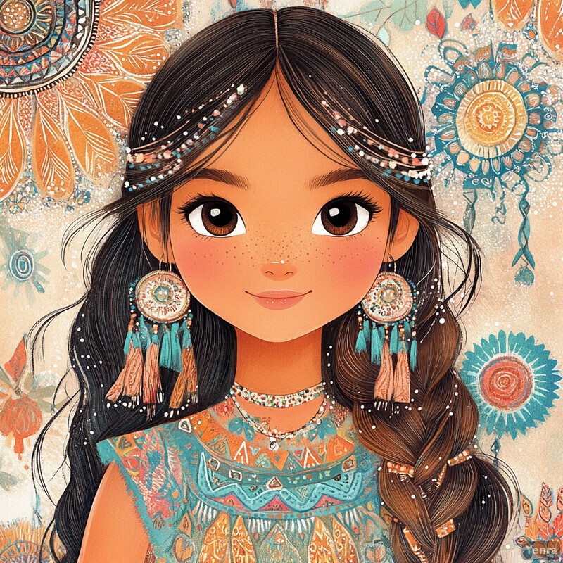 Cartoon-style illustration of a young girl in bohemian attire and accessories