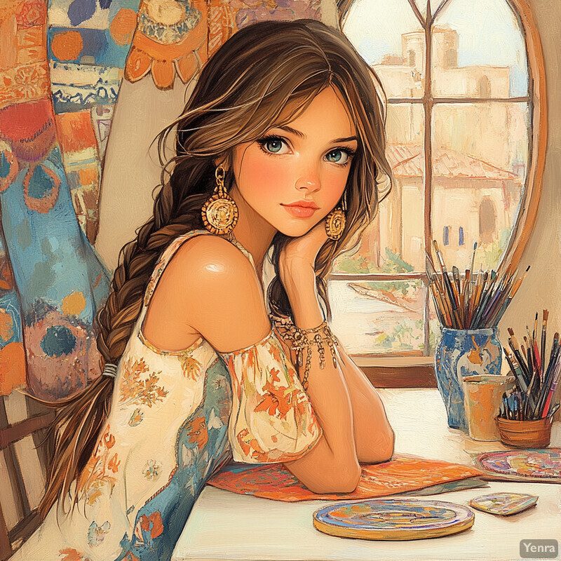 A young woman with long brown hair sits at a desk in front of a window, surrounded by art supplies and bohemian decor.