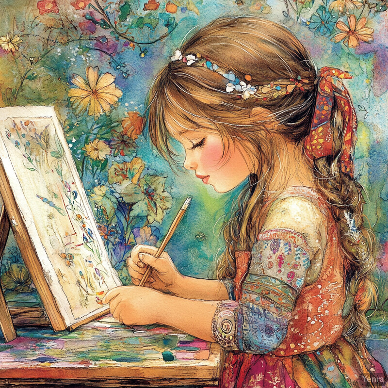 A young girl named Boho Belle is painting a vibrant landscape on canvas while wearing a floral dress and headband.