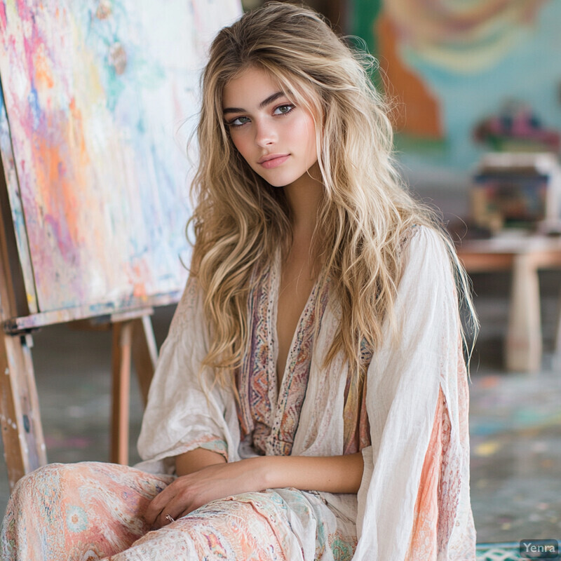 A young woman sits in front of an easel, surrounded by art supplies, exuding confidence and poise.