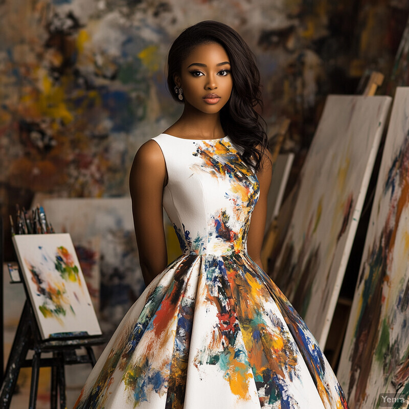 A young woman stands in front of an array of paintings, wearing a white dress with abstract brushstrokes, exuding confidence and poise.