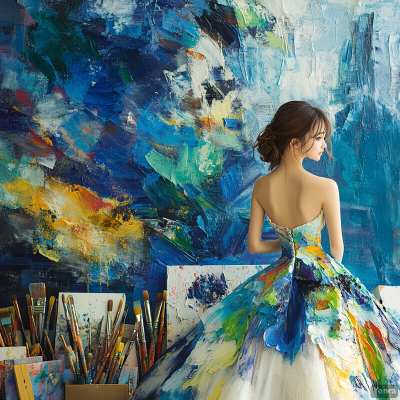 A woman stands in front of an abstract painting, wearing a dress made from paint strokes.