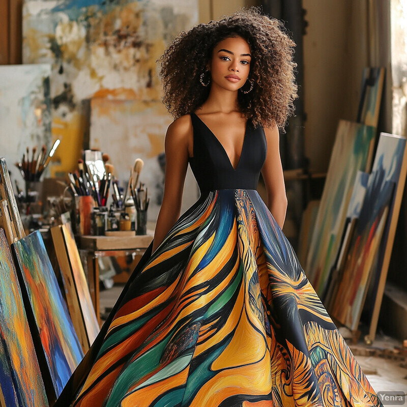 A young woman stands confidently in an art studio or gallery, surrounded by vibrant paintings and canvases.