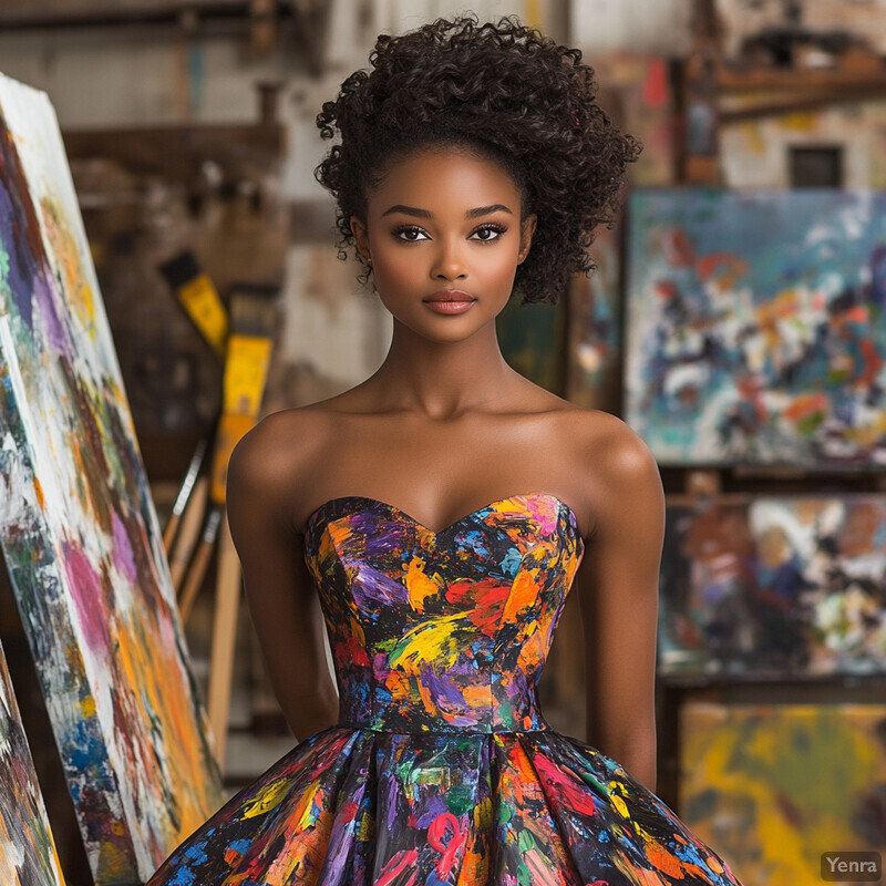 A dark-skinned woman stands in an art studio or gallery surrounded by vibrant artwork, wearing a dress with paint splatters.