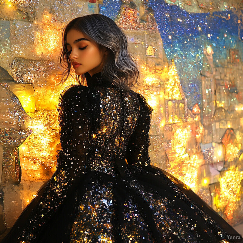 A woman in a black dress with gold sequins stands against an abstract background