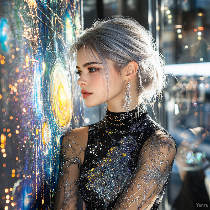 A young woman poses in front of an abstract mural or painting, dressed in a black top with silver and gold constellation patterns, set against a blurred cityscape background at night.