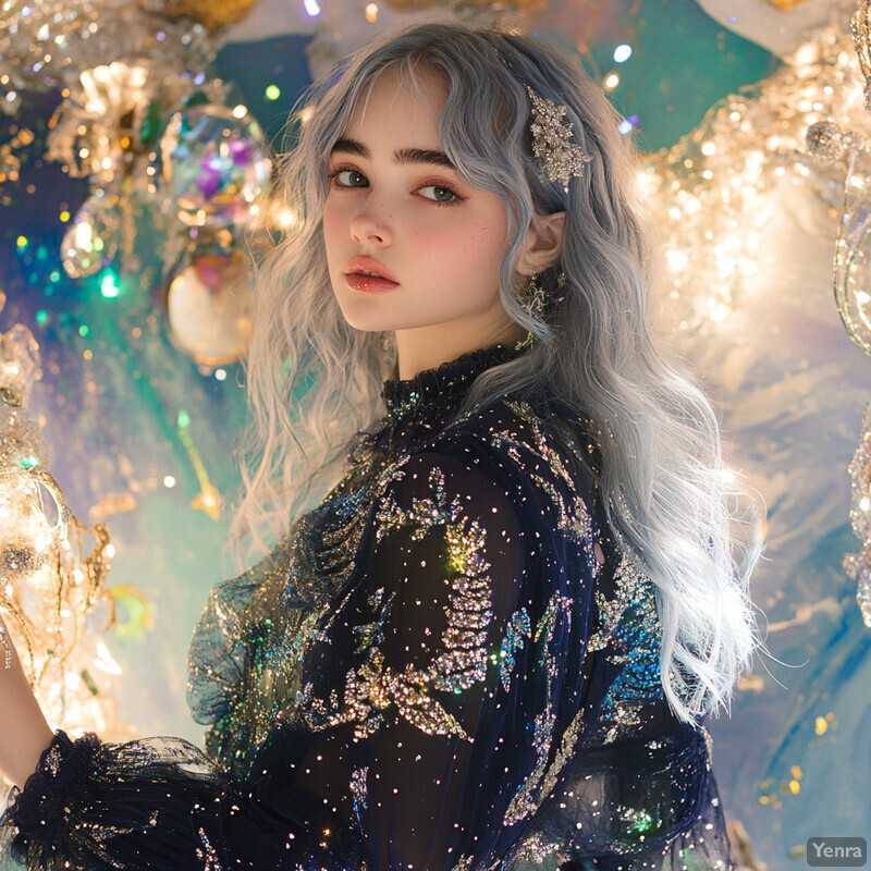 A woman in a celestial-themed dress holds a glass chandelier, set against a blue wall with gold accents.