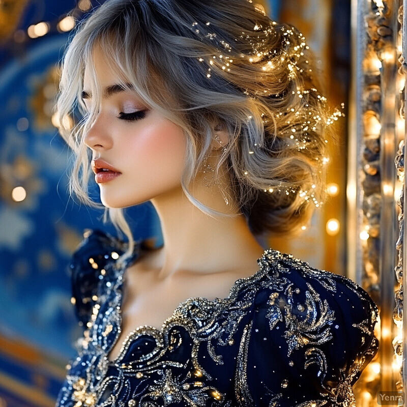 A woman in a dark blue dress with gold embroidery, adorned with sparkling fairy lights in her hair, gazes downward in front of a blurred background.