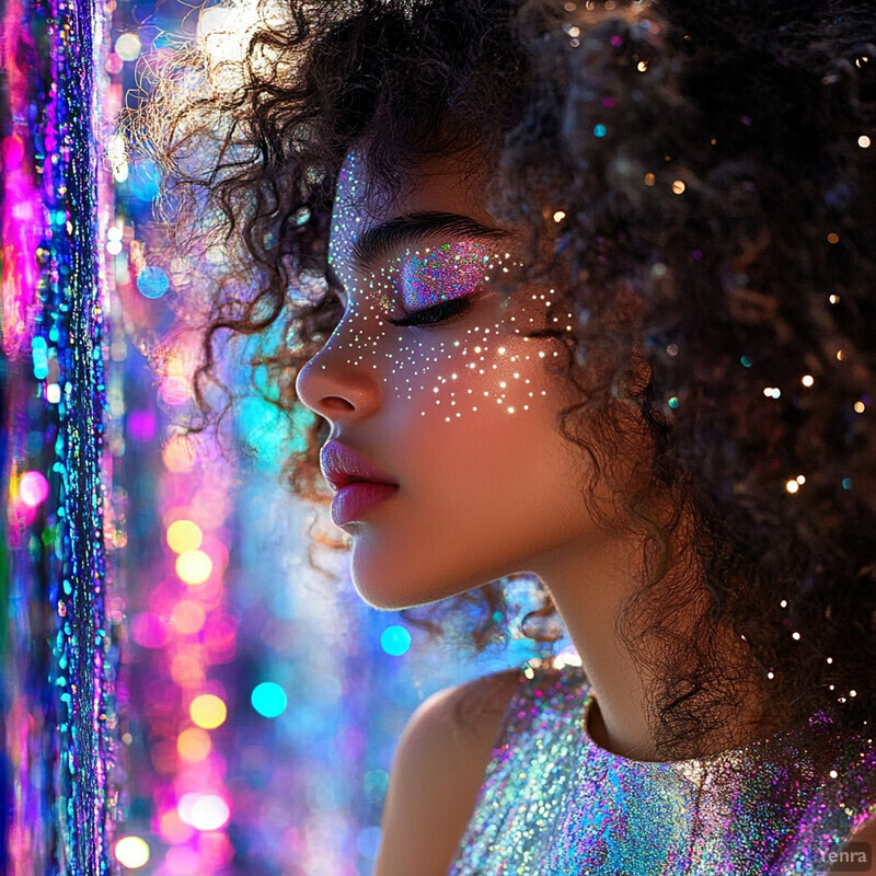 A woman with curly hair and a sparkly top poses in front of a vibrant background