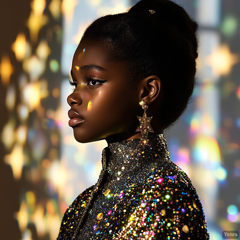 A portrait of a young Black woman with dark skin, styled hair, and sparkling embellishments on her black top, posing confidently in front of a blurred studio background.