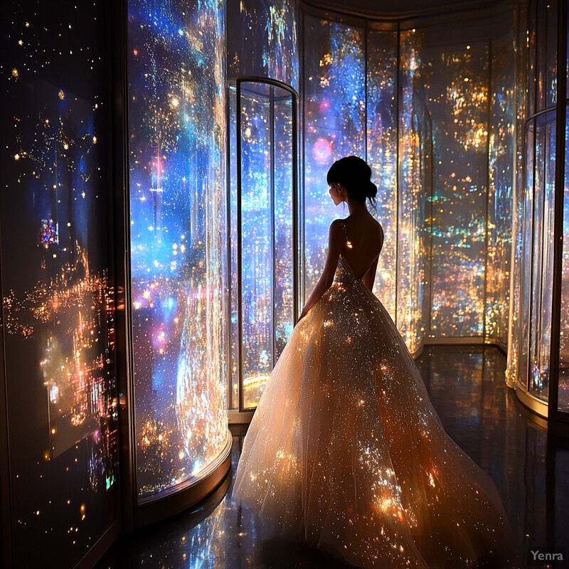 A woman in a blue ball gown stands in front of a large window with a view of a cityscape at night.