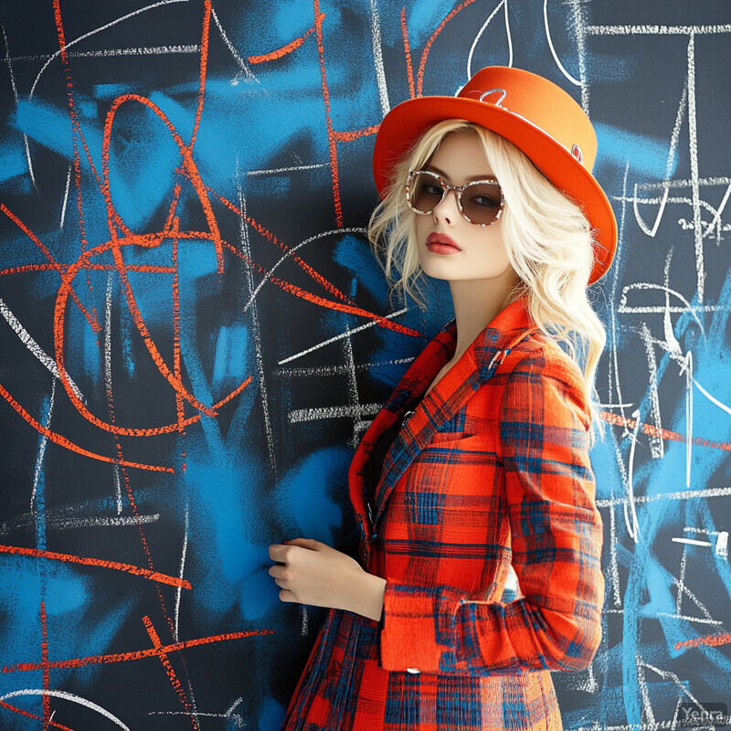 A woman standing in front of a chalkboard wall with blue and red chalk marks, dressed in a plaid jacket, orange hat, and sunglasses.