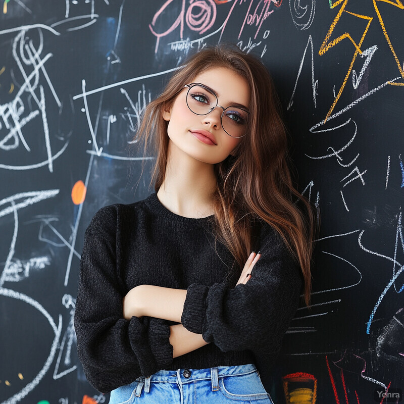 A young woman with long brown hair and glasses poses in front of a chalkboard wall covered in doodles.