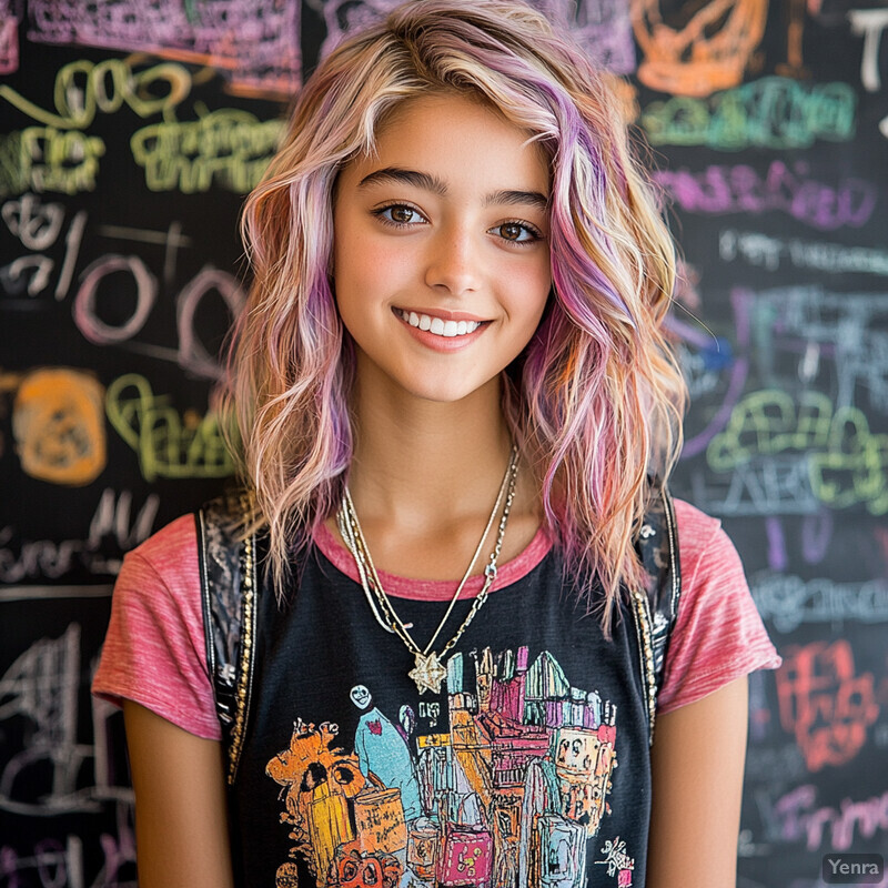 A young girl with pink and purple highlighted hair stands in front of a chalkboard wall, wearing a graphic t-shirt and accessorized with necklaces.