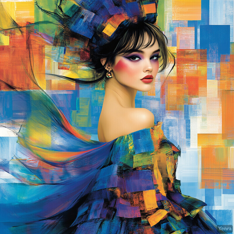 A woman with dark hair and bangs wears an off-the-shoulder dress in various colors, matching her bold makeup, against a colorful abstract background.