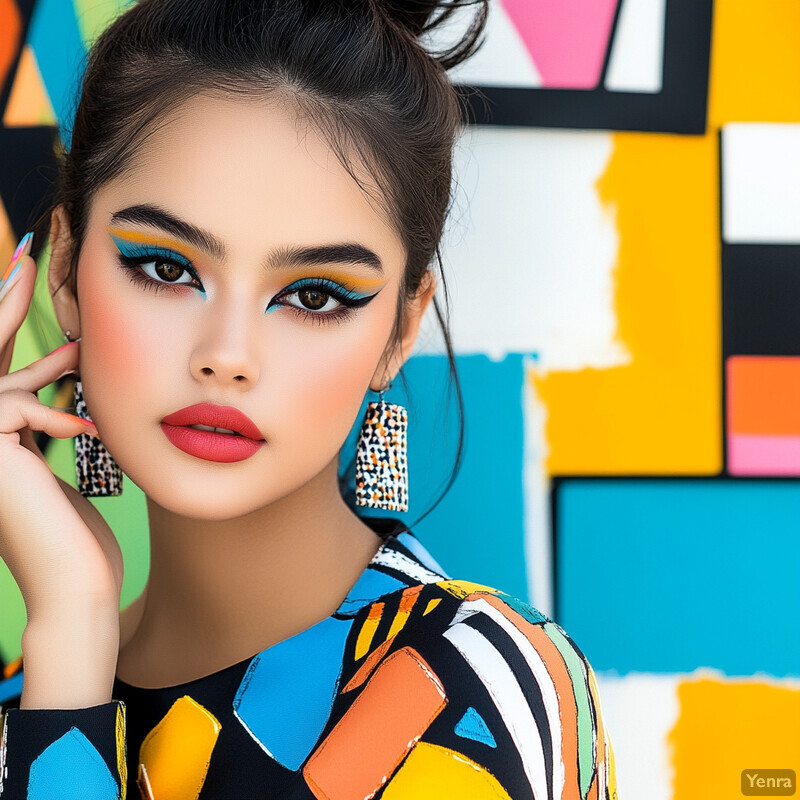 A young woman posing in front of a multicolored wall, showcasing her bold makeup and accessories.