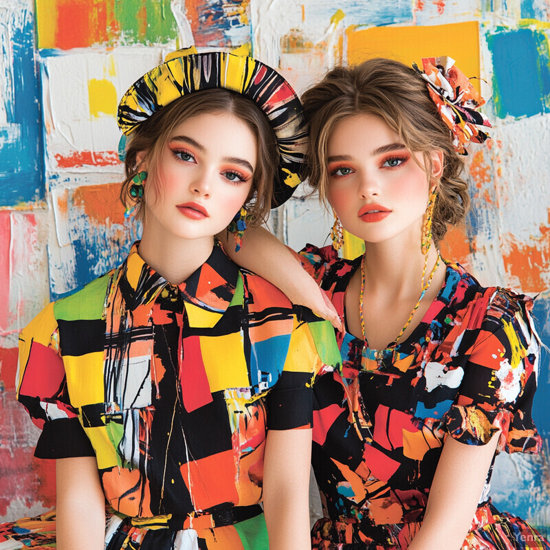 Two young women pose in front of an abstract background, showcasing their vibrant outfits and confident demeanor.