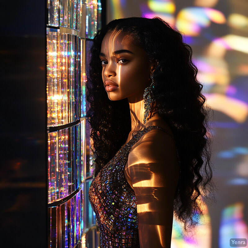 A glamorous woman stands in front of iridescent tiles or glass panels, wearing a sequined dress and dangling earrings.