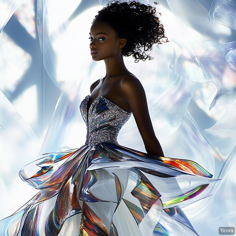 A woman with dark skin and curly hair wears an iridescent strapless dress in front of a blurred white background.