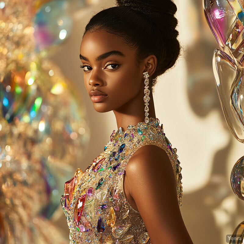 Woman in crystal-adorned dress poses confidently