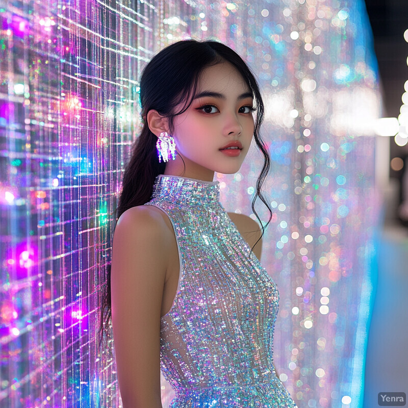 A young woman poses in front of a backdrop of purple and blue lights, showcasing her glamorous outfit