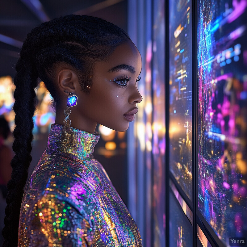 A woman with holographic attire stands in front of a blurred cityscape, exuding futuristic elegance.