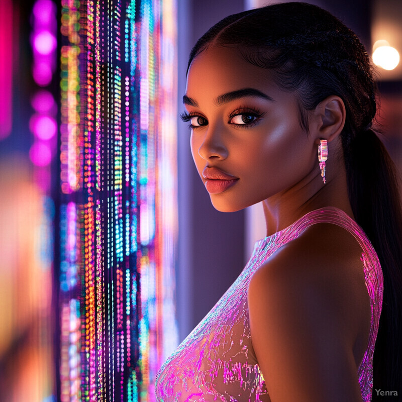 A woman stands confidently in front of a vibrant backdrop, wearing a shimmering pink dress and elegant accessories.