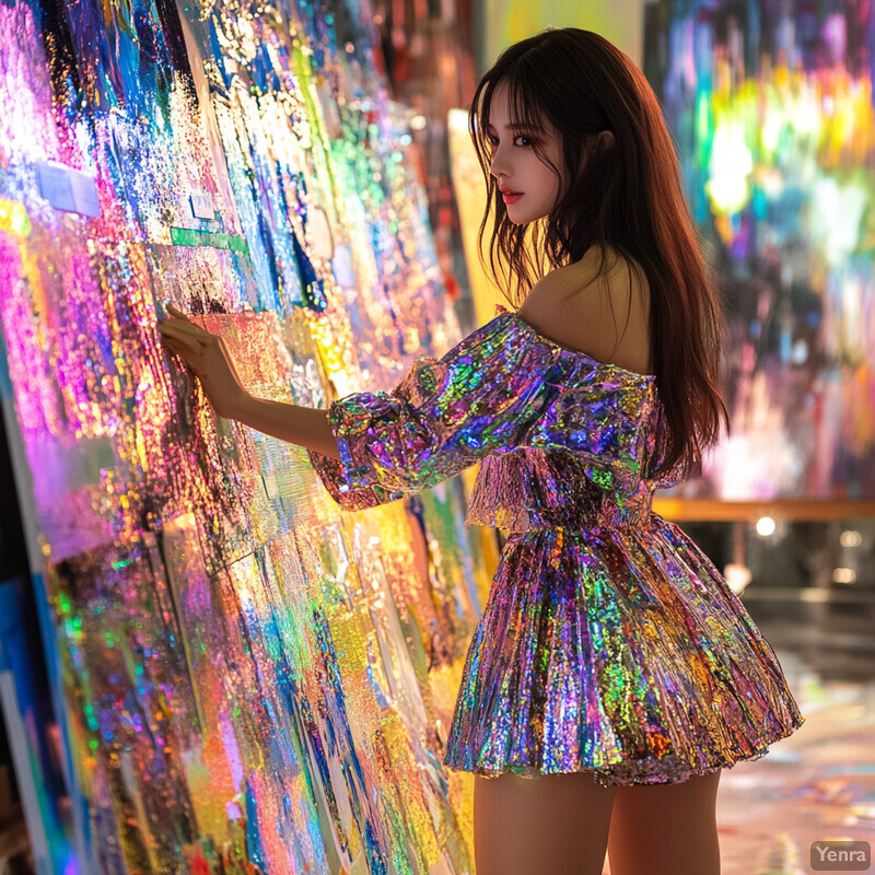 A young woman stands in front of an abstract art piece, gazing at it intently.