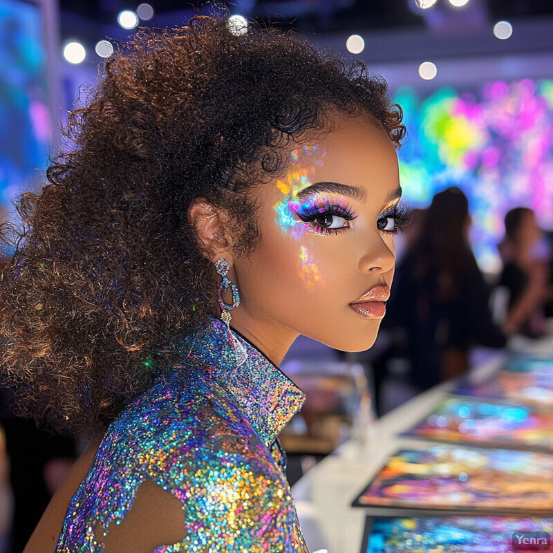 A woman with curly hair and a multicolored dress stands in front of a table displaying various items, surrounded by people at what appears to be a celebration or special event.