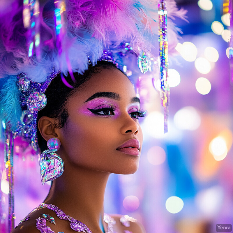 A woman in vibrant attire poses confidently, surrounded by blurred lights and colors.