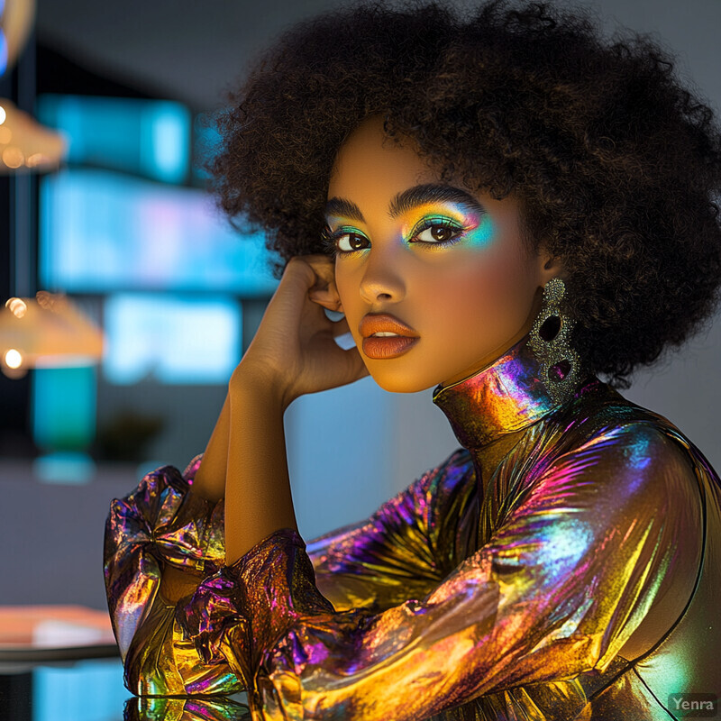 A woman with dark skin and curly black hair wears a metallic top featuring a rainbow-colored holographic effect in a room with blue lights or screens on the walls.