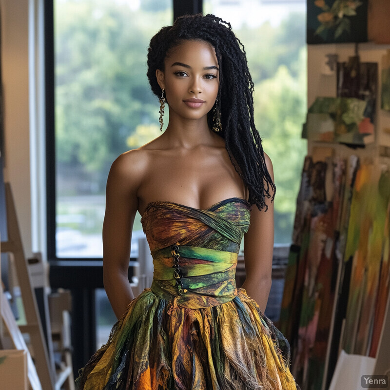 A young woman with dreadlocks stands confidently in front of a window, wearing a unique dress made from paint-stained fabric.