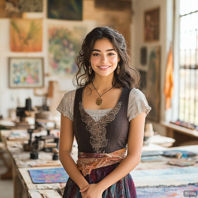 A woman stands in an art studio or gallery surrounded by artworks.