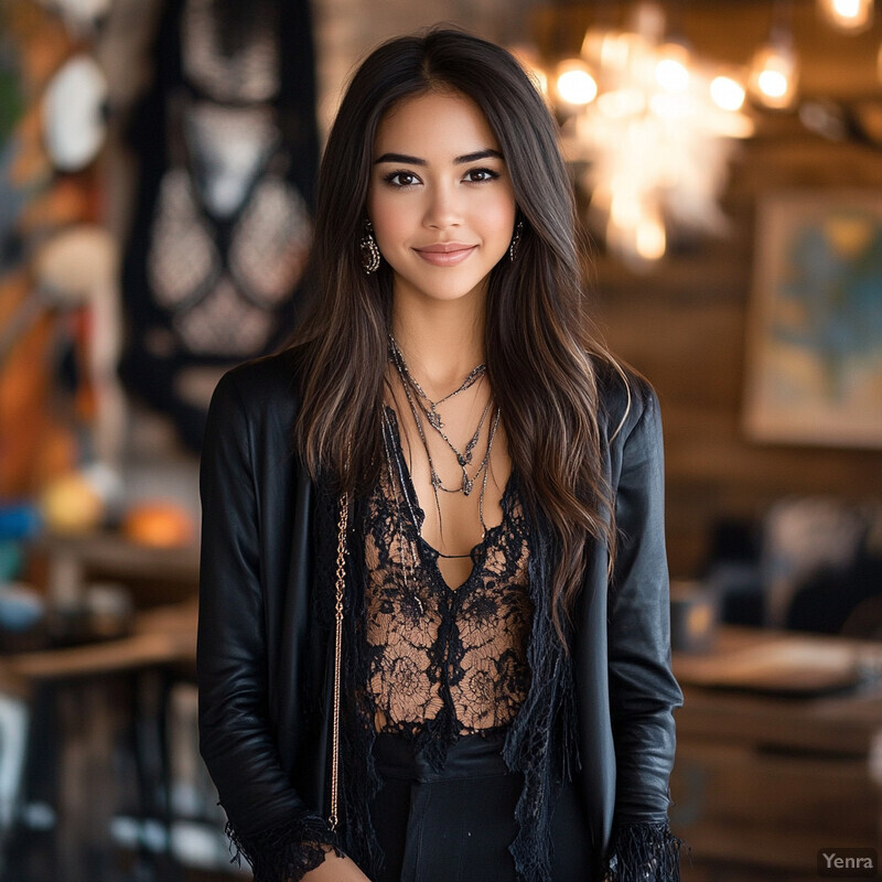 A young woman with long brown hair and fair skin is dressed in an elegant outfit consisting of a black lace top and matching skirt or pants, complemented by a black leather jacket.