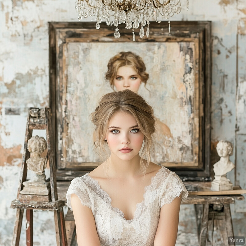 A young woman in a white wedding dress stands in front of a painting of herself, set against an art studio or gallery backdrop.